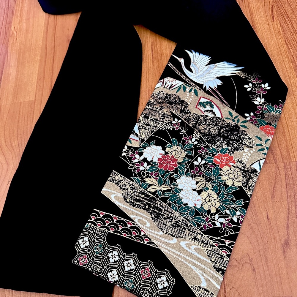 Elegant Black and Gold Floral Japanese Scarf